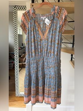 NWT Current Air Blue Floral V-Neck Dress with Orange and Pink Accents